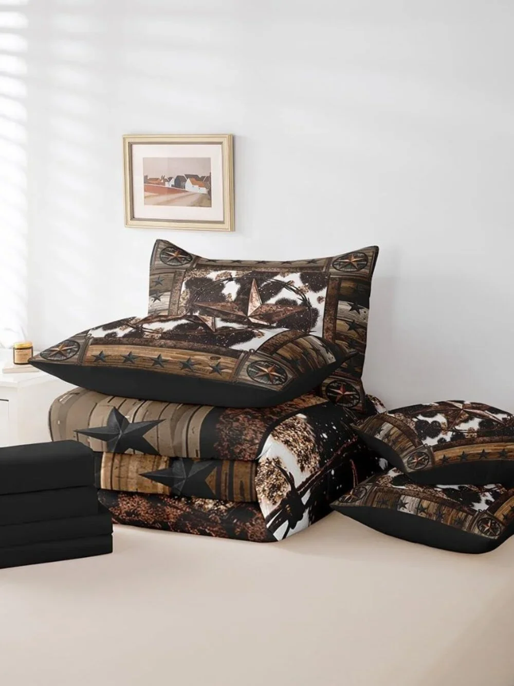Brown Western Aztec 7 Pieces Bedding Set Queen Size West Texas Star Comforter Se